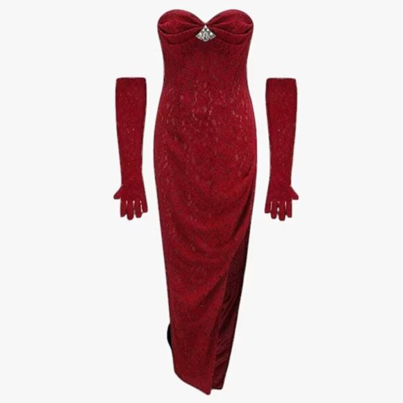 Nana Jacqueline Scarlett Red Velvet Strapless Maxi Dress M Gloves Crystal Broach - Picture 12 of 12